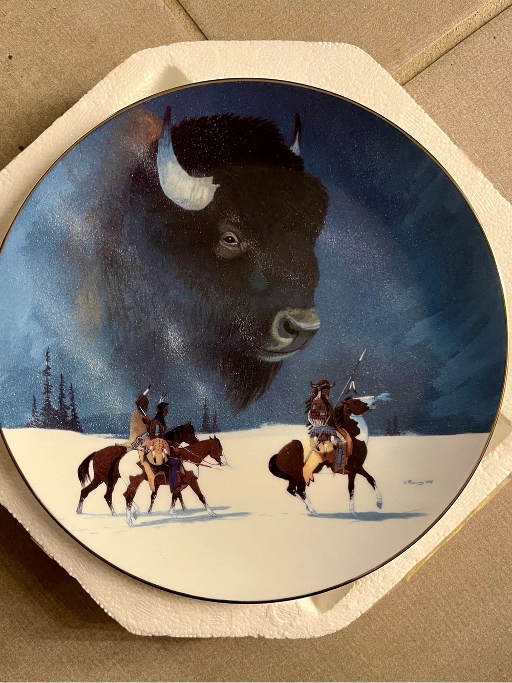 The Bradford Exchange Blue and White Buffalo & Native Riders Decorative Plate